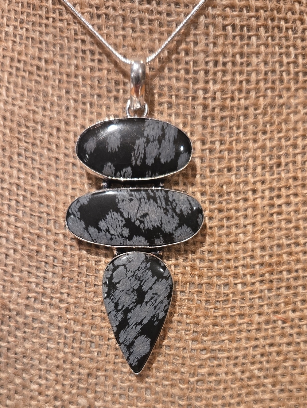 Snowflake Obsidian Silver Pendant Necklace - Black and Gray